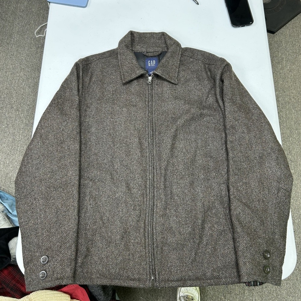 Gap Harrington Jacket Mens Medium Brown Herringbone Wool Blend Full Zip Quilted